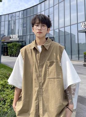 2023夏大码韩版翻领短袖衬衫男高级感暗黑系休闲上衣学院风外套潮