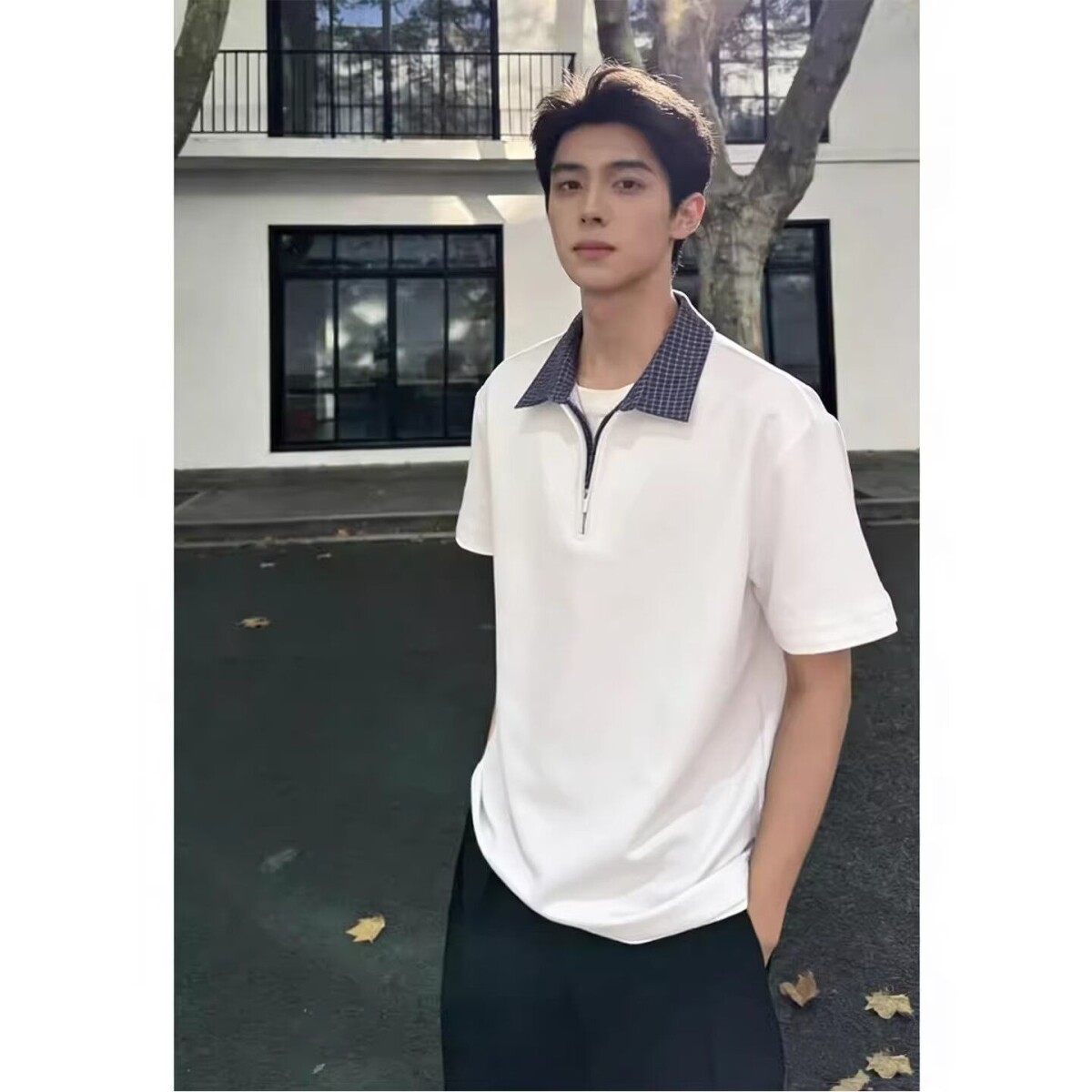 夏季垫肩V领小众撞色翻领T恤短袖男宽松潮牌痞帅网红百搭POLO衫男