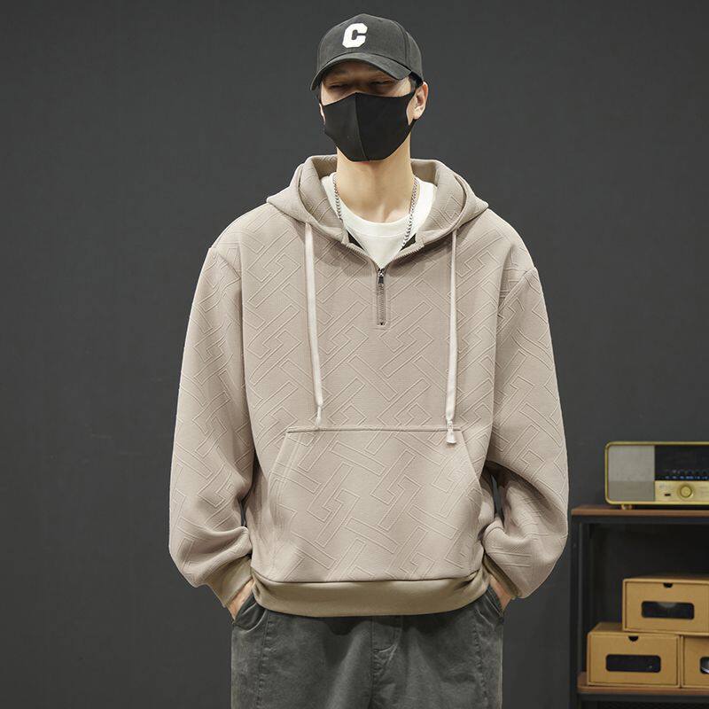 美式潮流秋冬运动休闲简约半拉链外套廓形宽松短款干练连帽卫衣男