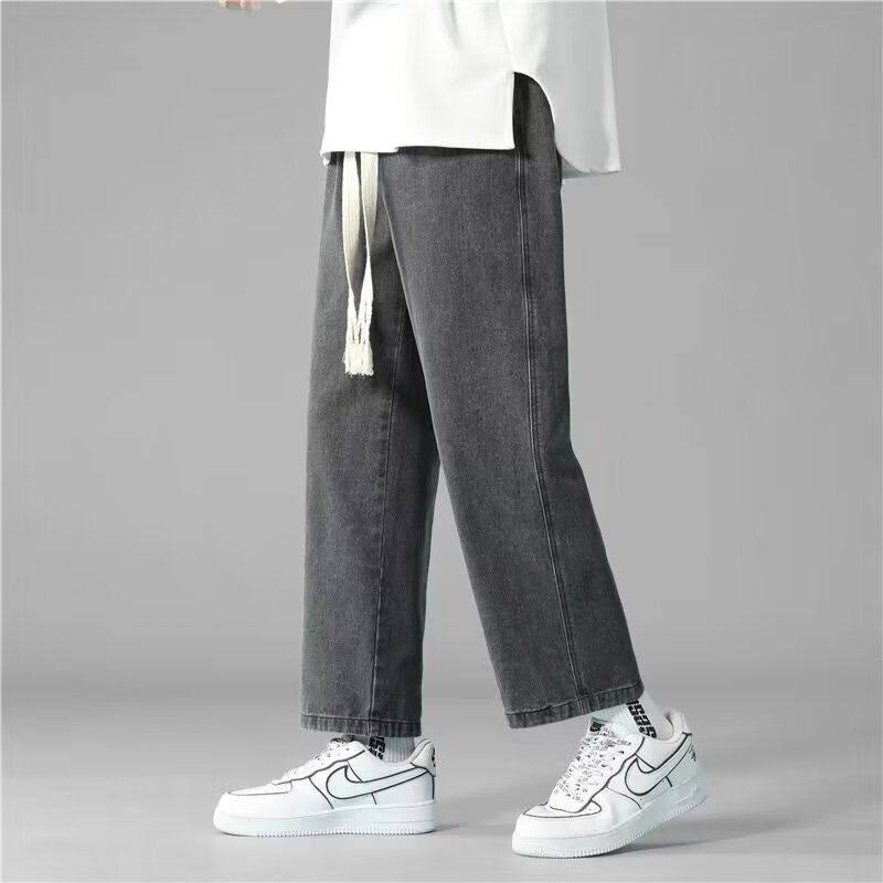 日系复古松紧腰系绳牛仔裤男夏季直筒九分裤休闲百搭青少年裤子潮