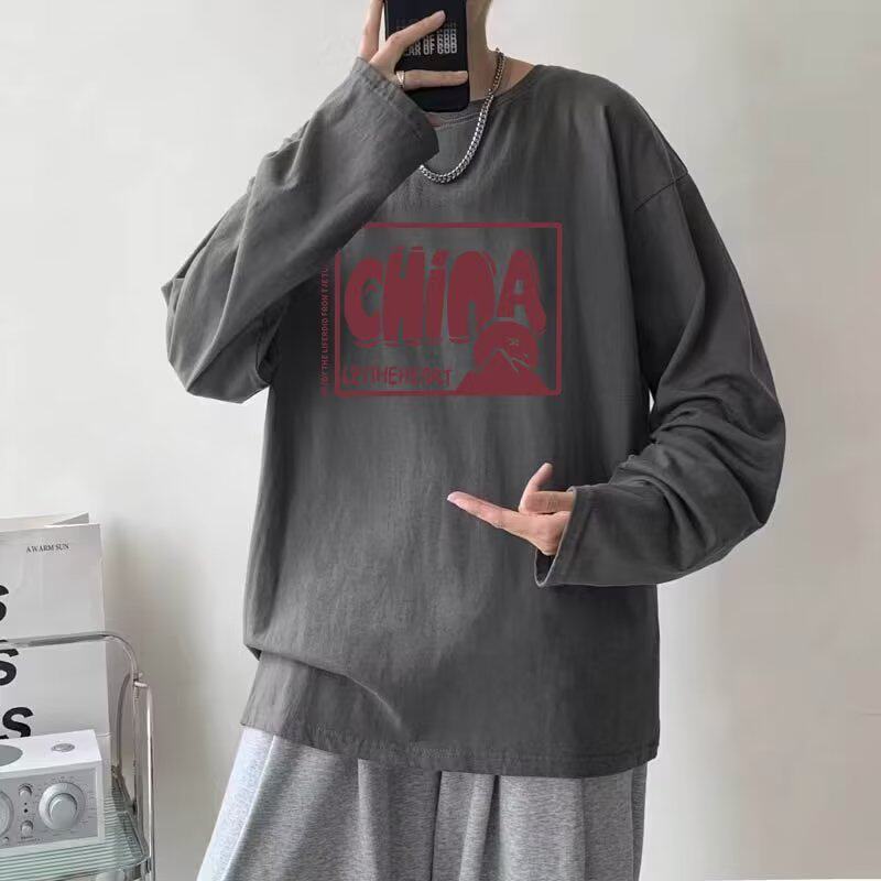 秋季男士宽松长袖打底衫圆领套头卫衣早秋长袖t恤潮港风长袖卫衣