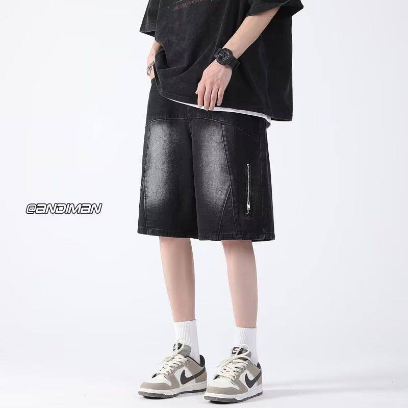 潮牌大码男装牛仔裤夏季宽松黑色直筒休闲五分裤潮短裤情侣装中裤