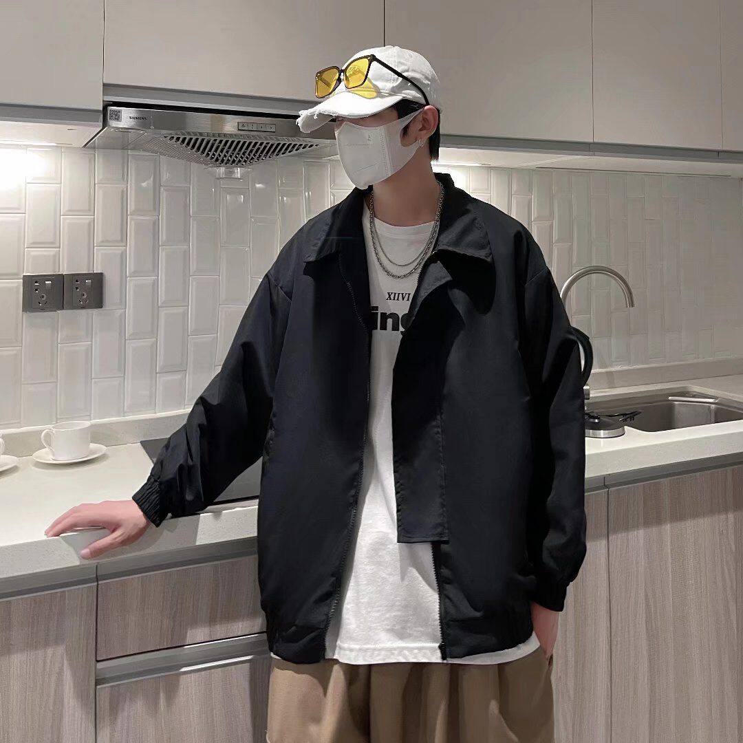 日系复古纯色工装夹克男士宽松春秋立领痞帅百搭bf港风青少年外套