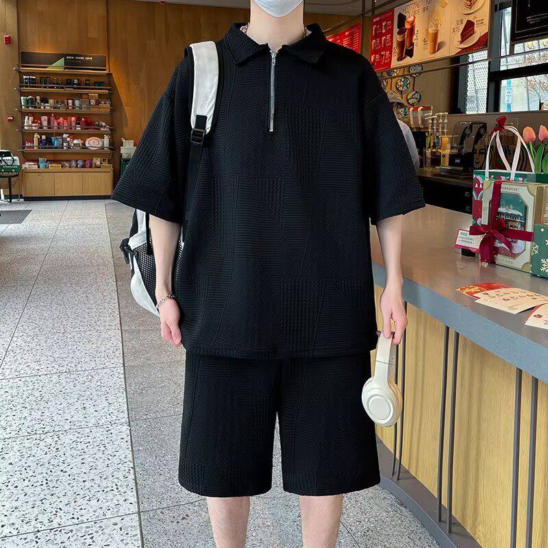 半拉链polo衫短袖套装男夏季大码跑步凉感休闲运动痞帅两件套装潮