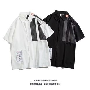 夏季小众条纹拼接短袖衬衫男款痞帅潮牌日系宽松设计感上衣2025年