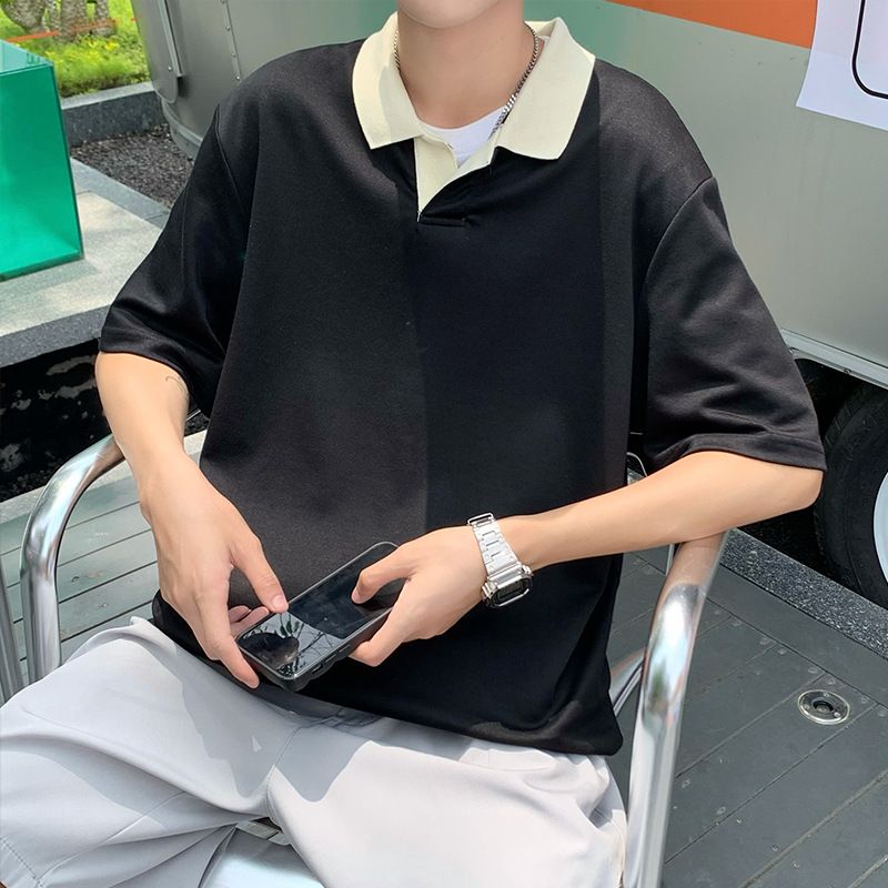 港风翻领夏季薄款短袖polo衫男潮牌ins运动复古痞帅简约风拼色T恤