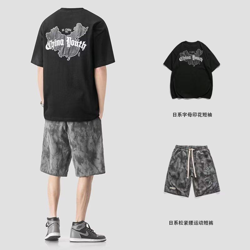 2023港风夏季韩版运动套装男生宽松五分裤学生短袖夏款休闲套装薄