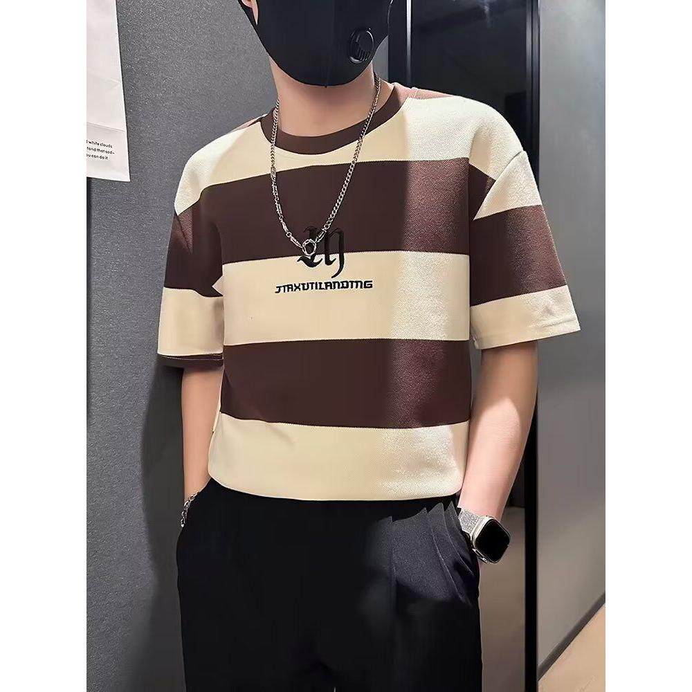 高级感条纹短袖t恤男夏季2025新款网红半袖体恤男装潮牌痞帅上衣