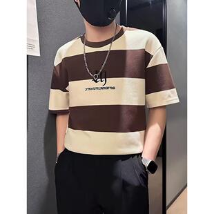 高级感条纹短袖t恤男夏季2025新款网红半袖体恤男装潮牌痞帅上衣