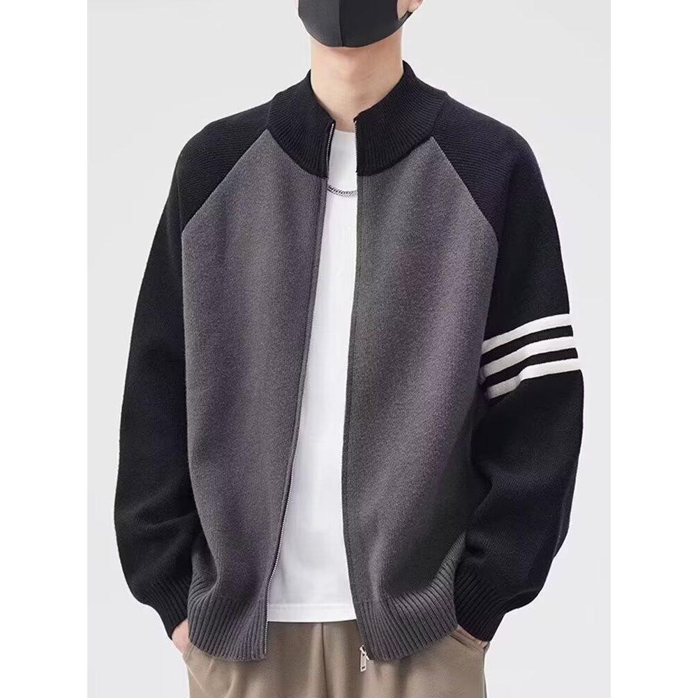 开衫毛衣男春秋季时尚潮牌立领撞色针织外套男生休闲毛线衣服冬装