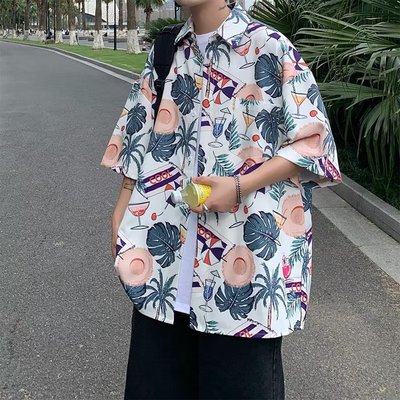 夏季爆款港风复古冰丝短袖花衬衫情侣海岛服休闲男款花式衬衫潮流