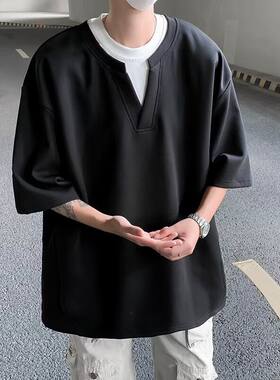 假两件短袖T恤男v领重磅半袖上衣夏季宽松休闲百搭套头体恤潮嘻哈