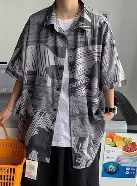 潮流气质男韩版宽松落肩衬衫个性花式衬衫T恤上衣休闲港风百搭男