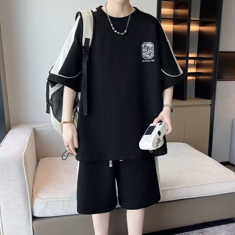 运动服套装男夏季短袖T恤篮球衣休闲短裤青少年两件套韩版潮痞帅