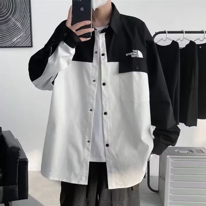 春夏装2024新款百搭衬衫运动港风拼色长袖衬衫男潮流休闲衬衣男生