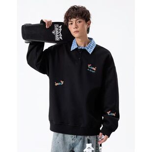 卫衣青少年秋冬季新款短袖t恤男宽松刺绣卡通学生假两件polo衫潮