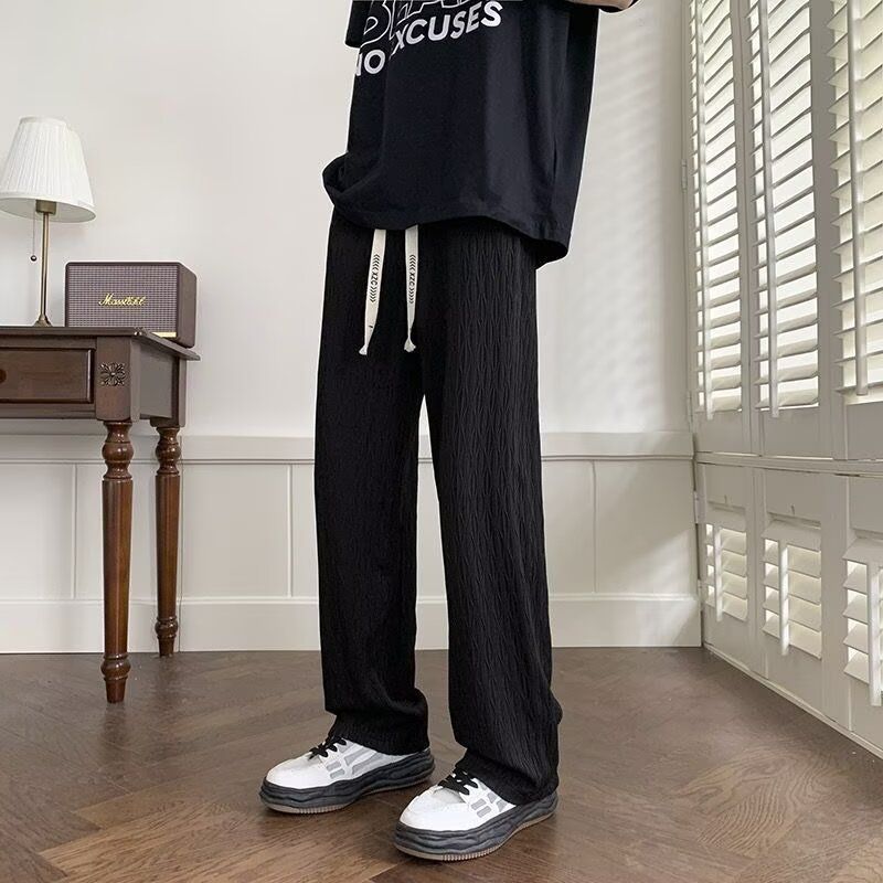 纯色条纹冰丝裤子男夏季薄款宽松直筒休闲长裤潮牌美式凉感速干裤