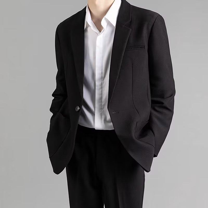 高级感韩版垫肩小西装外套男士休闲西服新郎服装百搭简约正装黑色