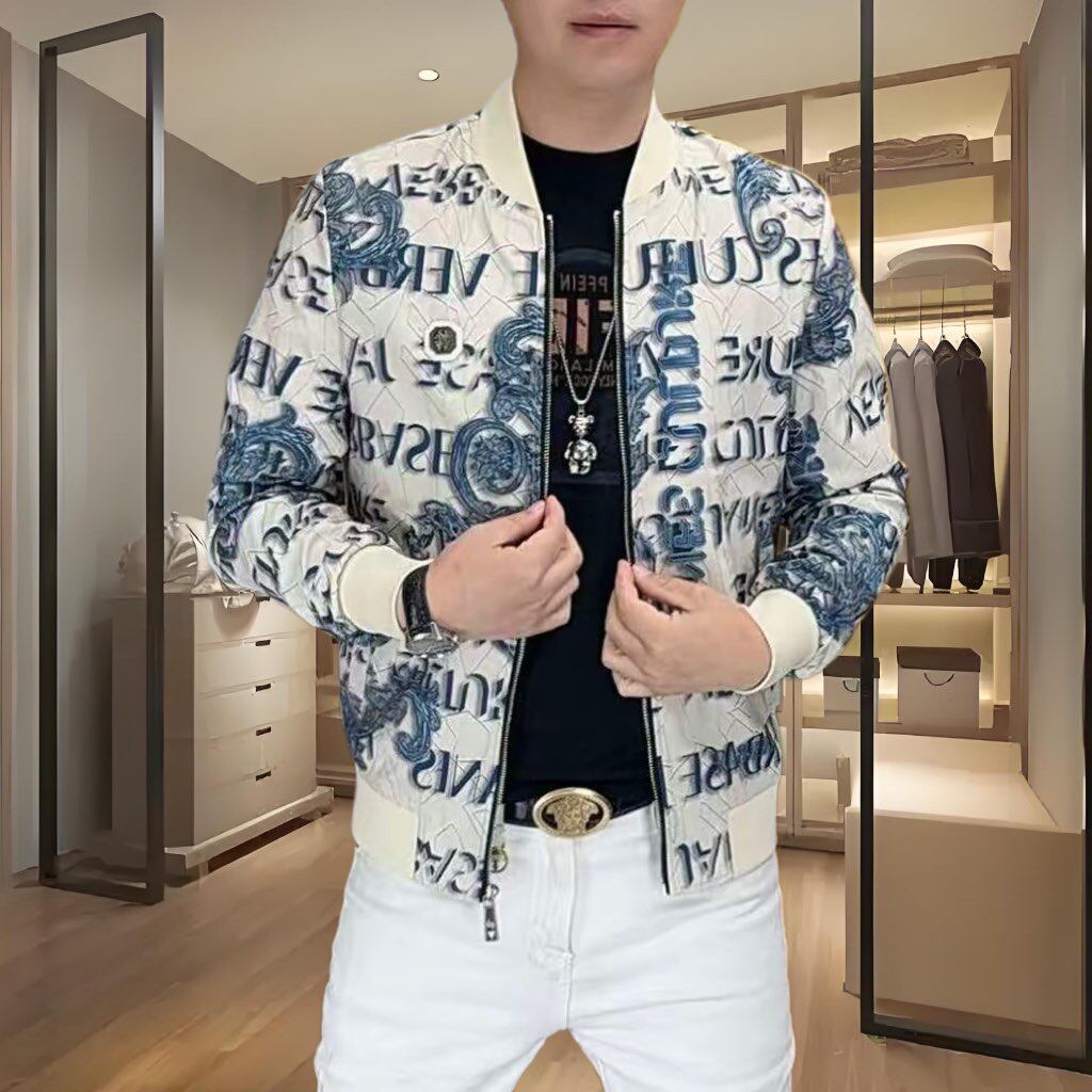 欧洲站高端春季男士棒球领夹克时尚个性徽章印花百搭休闲薄款外套