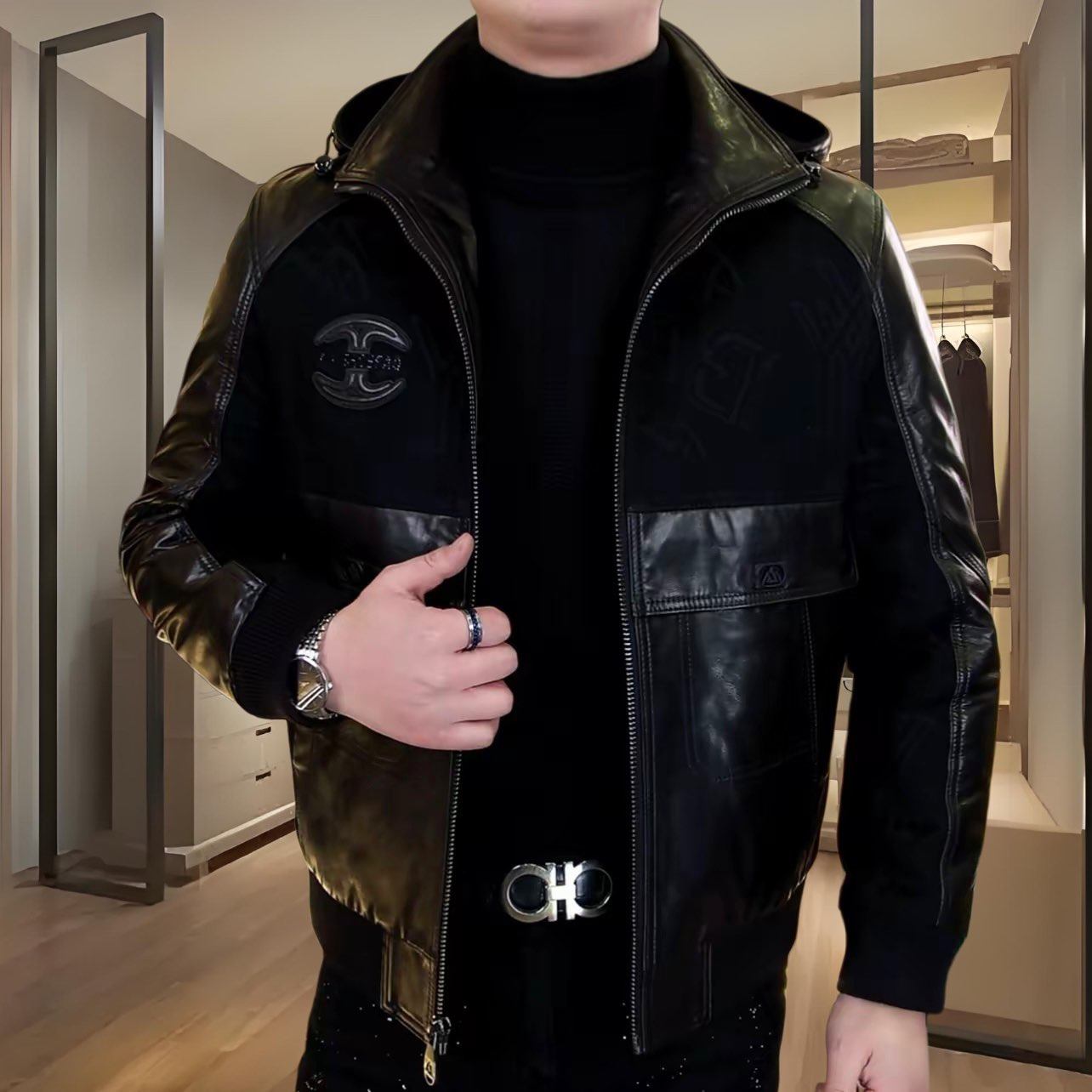 欧货高端冬季新款男士连帽羽绒服潮流时尚个性拼接山羊皮保暖外套