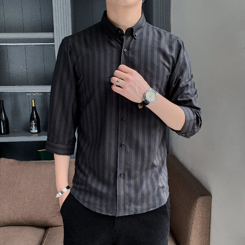 衬衫男七分袖2024春秋韩版潮流休闲百搭外套帅气打底条纹衬衣潮,男装衬衫,星座222