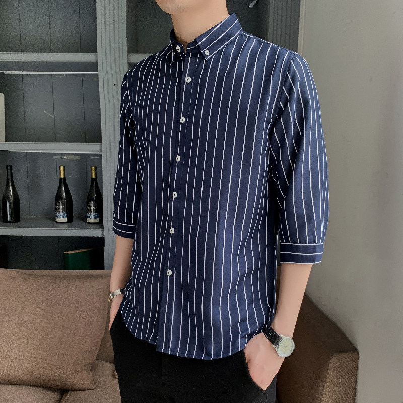 衬衫男七分袖2024春秋韩版潮流休闲百搭外套帅气打底条纹衬衣潮,男装衬衫,星座222