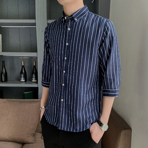 衬衫男七分袖2024春秋韩版潮流休闲百搭外套帅气打底条纹衬衣潮图片