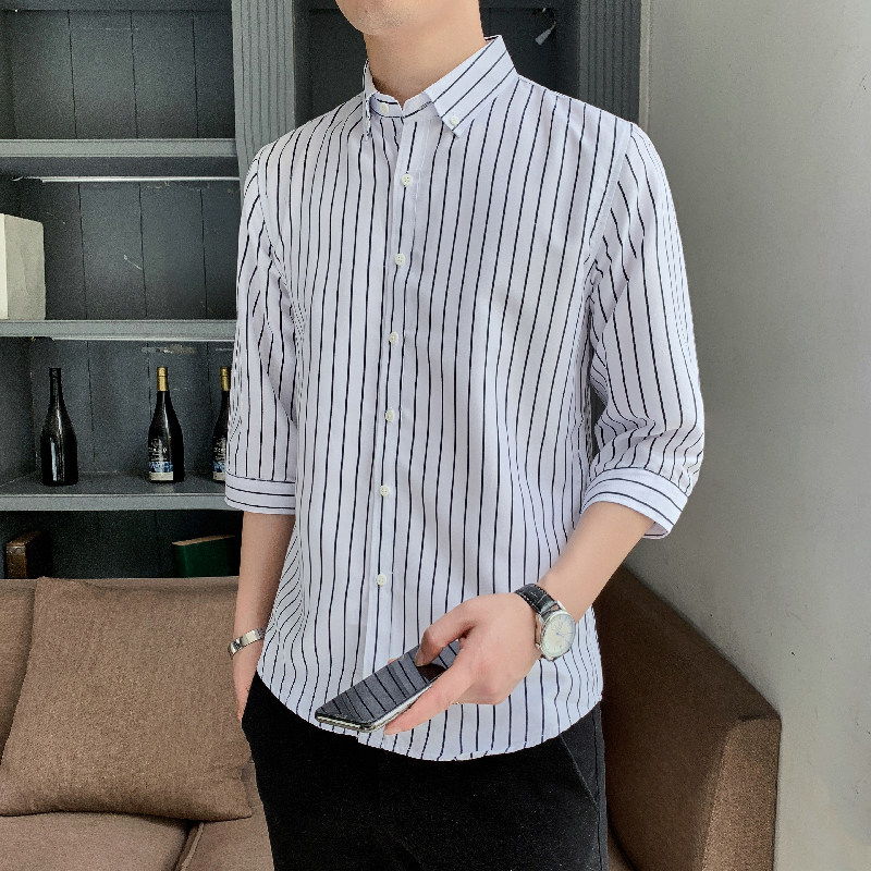 衬衫男七分袖2024春秋韩版潮流休闲百搭外套帅气打底条纹衬衣潮,男装衬衫,星座222