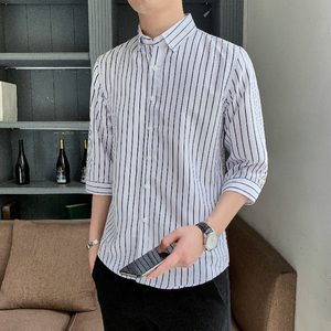 衬衫男七分袖2024春秋韩版潮流休闲百搭外套帅气打底条纹衬衣潮图片