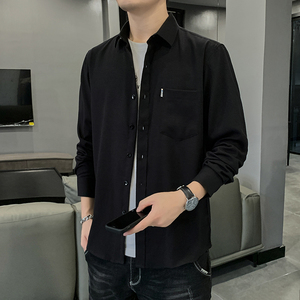 2023春秋季型新款男衬衣 韩版修身青年纯色百搭长袖棉麻衬衫图片