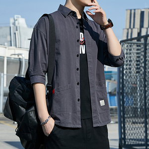 衬衫男韩版潮流短袖2024夏季宽松七分袖上衣服男士衬衣工装外套男图片