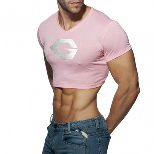 健身背心运动修身 男士 露脐装 瑜伽背心棉质半身T恤男士 大领短袖