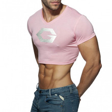 瑜伽背心棉质半身T恤男士 露脐装 健身背心运动修身 大领短袖 男士