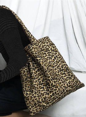 帆布包女ulzzang新款潮百搭复古豹纹印花单肩帆布袋ins斜挎包