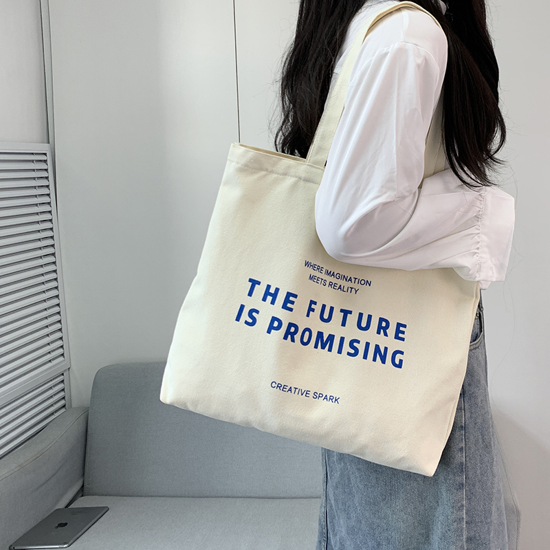 帆布包女单肩2025新款英文字母百搭简约大容量学生上课装书拉链包
