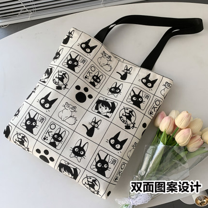2026新款帆布包女单肩百搭ins可爱猫咪卡通学生上课拉链手提布包