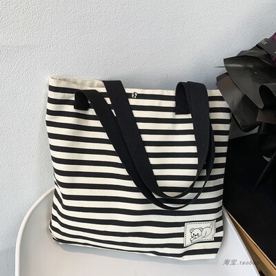春夏新款条纹帆布包女单肩简约