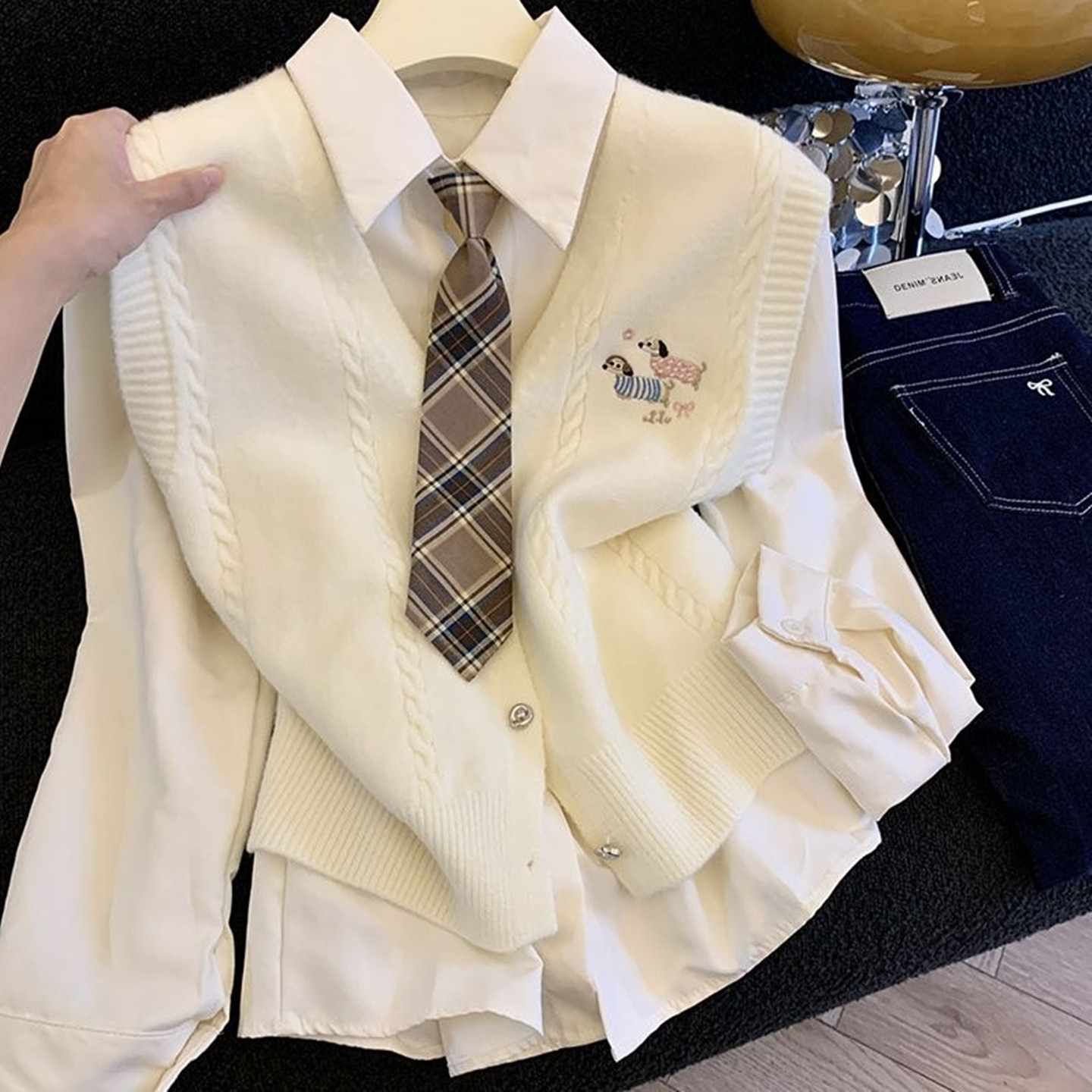 学院风减龄叠穿针织套装女2025秋季针织马甲背心衬衫两件套配领带