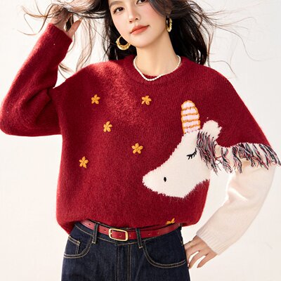 新款独角兽卡通花朵刺绣流苏毛衣女套头新年红色洋气百搭针织衫