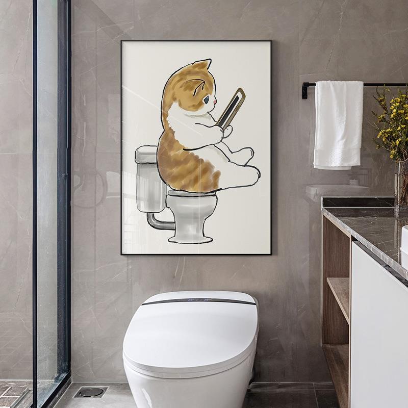现代简约卫生间厕所装饰画创意猫咪免打孔浴室挂画日式卧室壁画图片