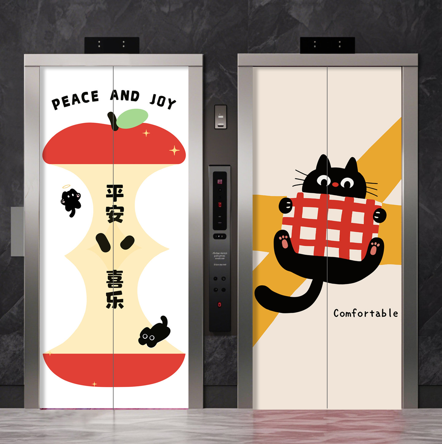 创意黑猫电梯门贴纸入户门装饰贴画卡通自粘防水一梯一户电梯贴膜