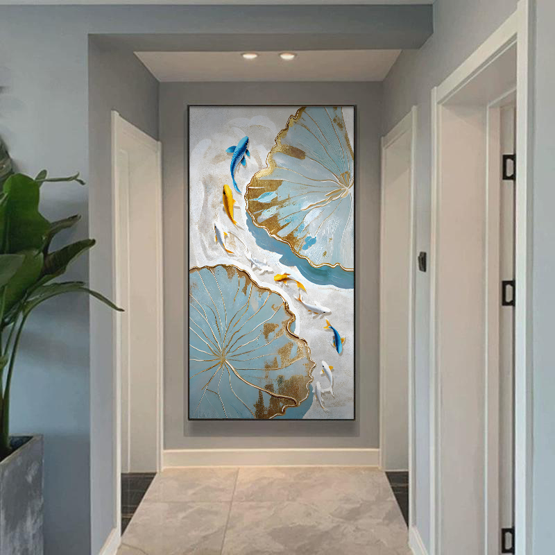 新中式蓝色荷花九鱼图手工纯手绘油画 画玄关装饰画 画玄关过道壁图片
