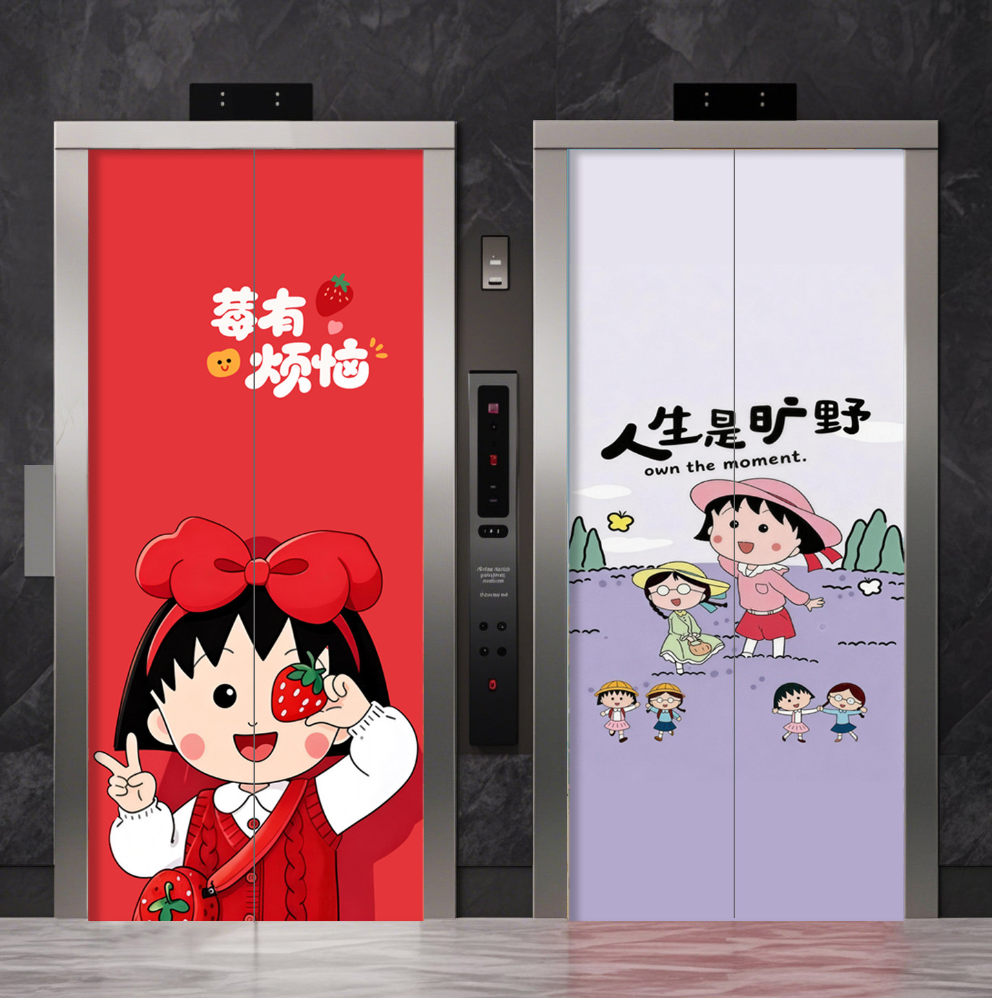 2026新款樱桃小丸子可爱卡通电梯门贴纸定制衣柜水电井入户门贴画