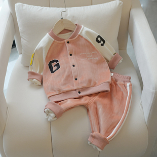 双面加绒加厚棒球服套装儿童保暖运动套装加绒外套裤子童装秋冬