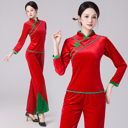 2024新款广场舞服装套装金丝绒中老年古典舞蹈演出服女长裙长裤衣