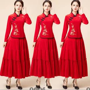 秋冬金丝绒中老年长裙表演出服女刺绣 2021新款 云裳广场舞服装 套装