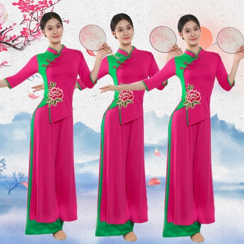 广场舞服装新款套装2025中袖拼接古典舞秧歌民族风跳舞表演出服女