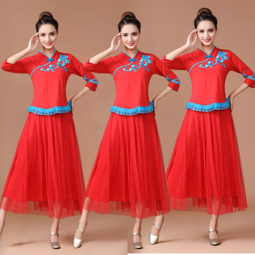 广场舞新款套装女成人演出古典舞表演服刺绣中长款网纱裙舞蹈服装