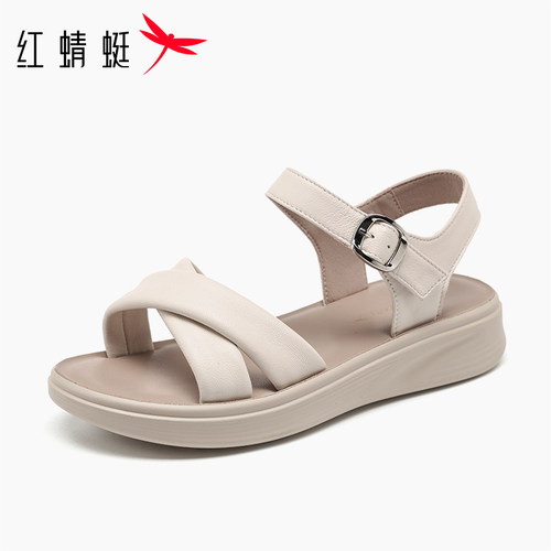 红蜻蜓2026新款羊皮平跟妈妈凉鞋