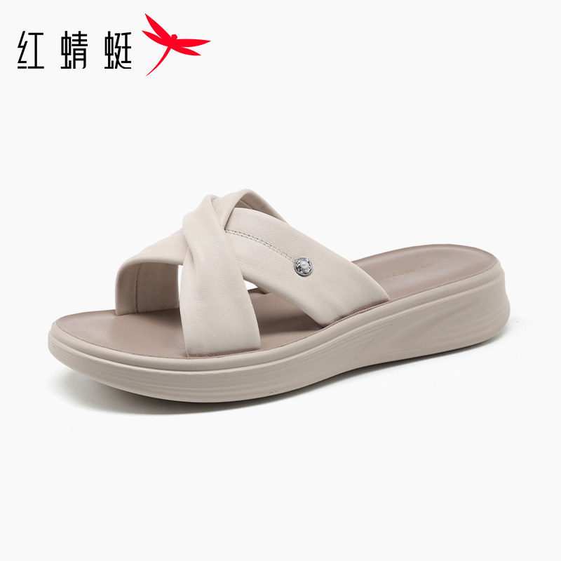 红蜻蜓2026夏季新款凉拖软皮软底平跟防滑舒适轻便羊皮妈妈女拖鞋